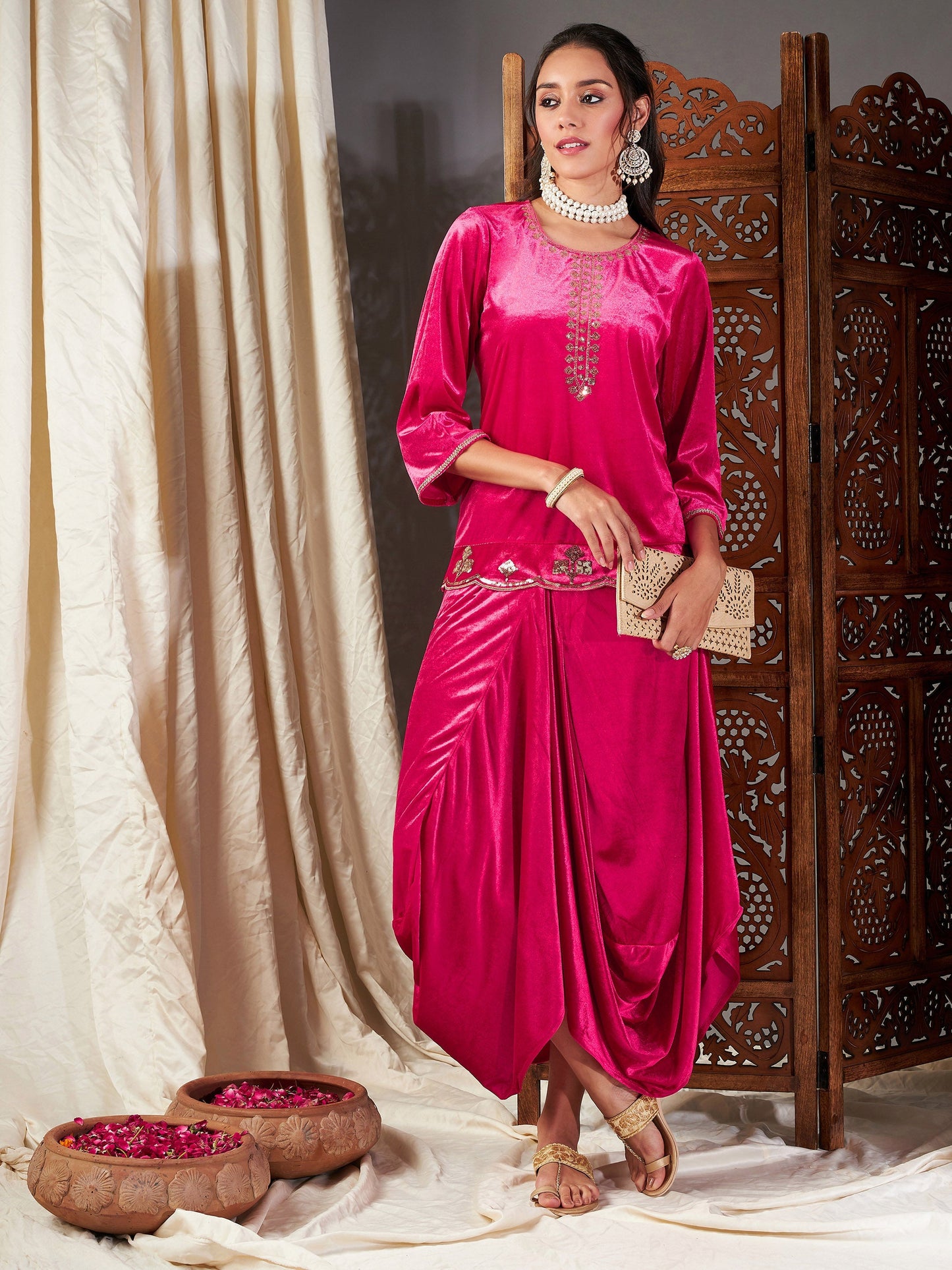 Fuchsia Velvet Embroidered Short Kurta