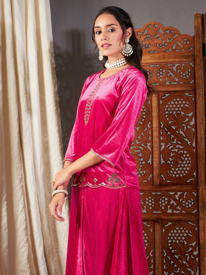 Fuchsia Velvet Embroidered Short Kurta