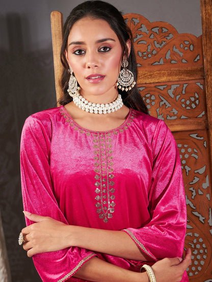 Fuchsia Velvet Embroidered Short Kurta