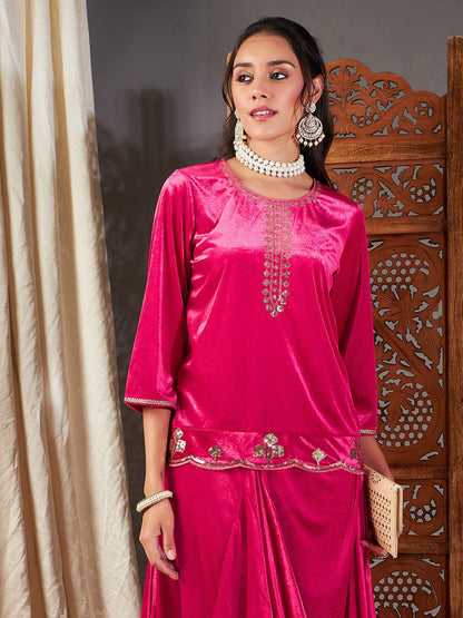 Fuchsia Velvet Embroidered Short Kurta
