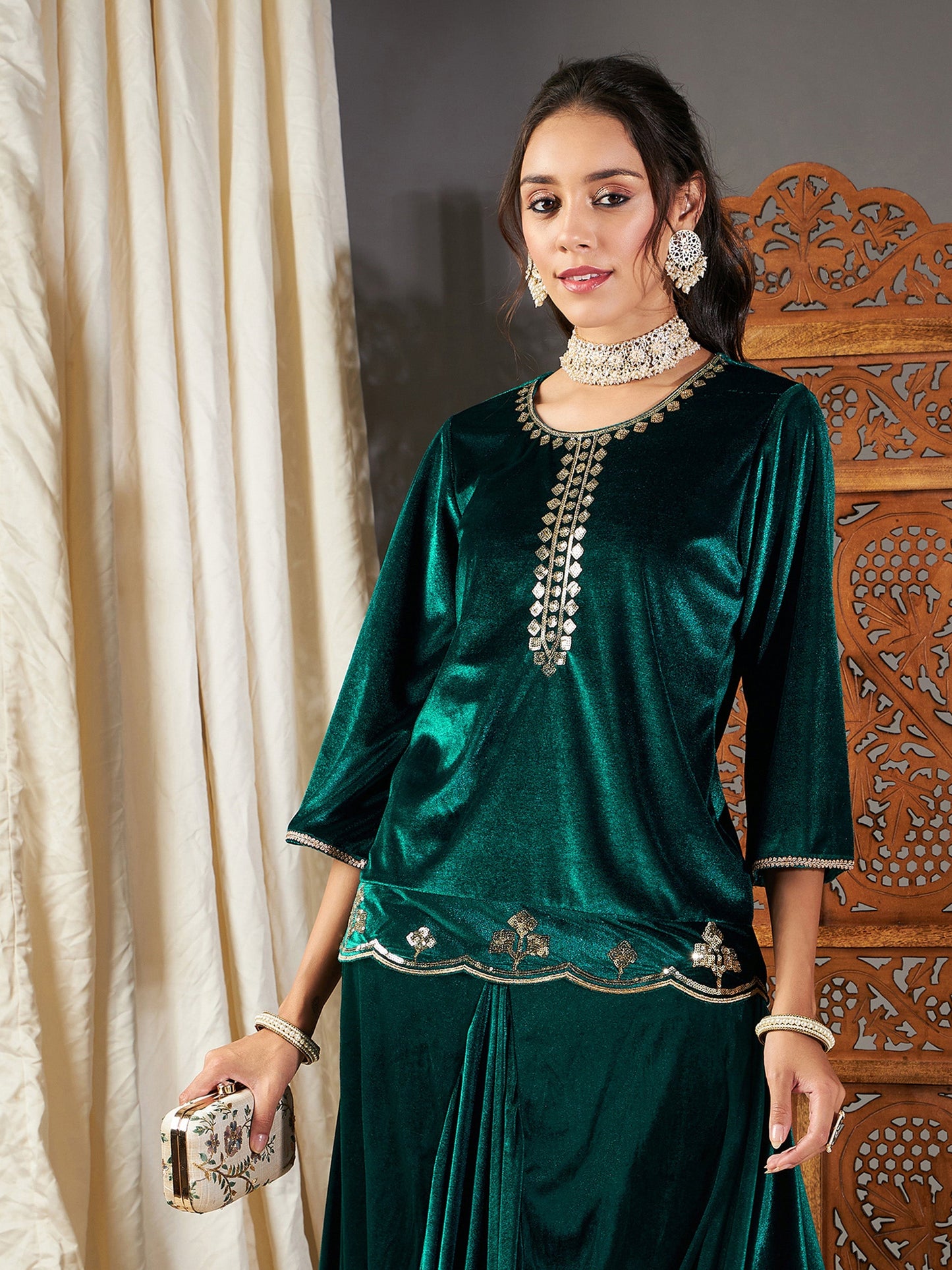 Green Velvet Embroidered Short Kurta
