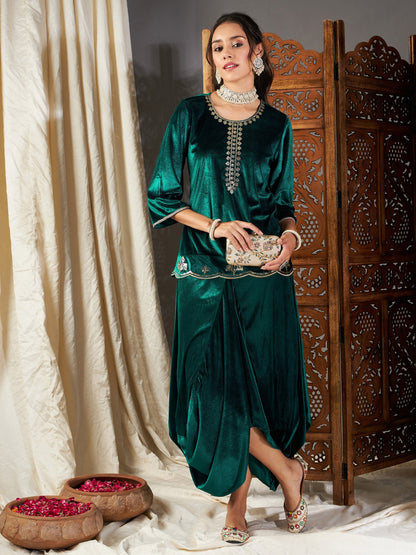 Green Velvet Embroidered Short Kurta