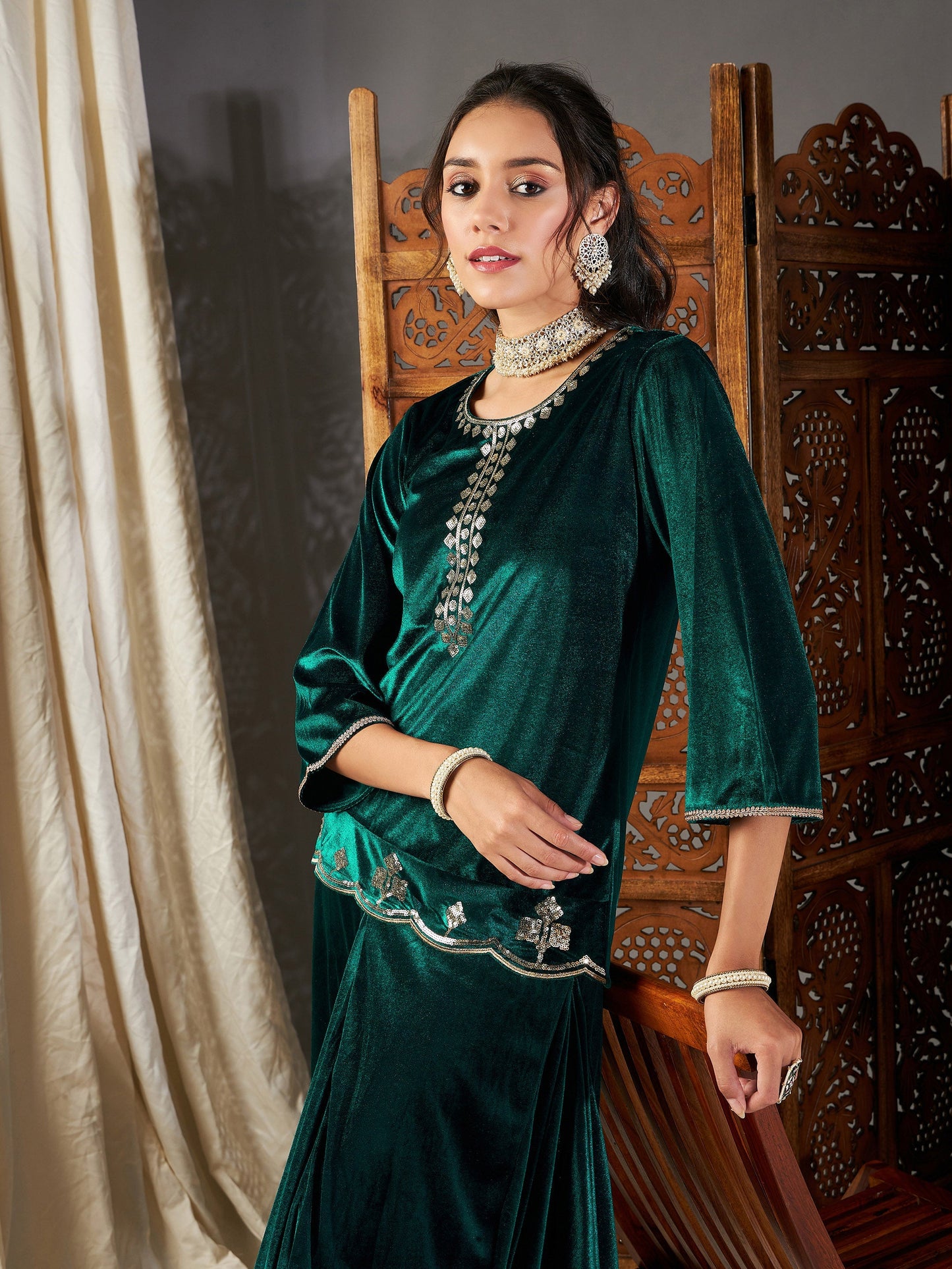 Green Velvet Embroidered Short Kurta