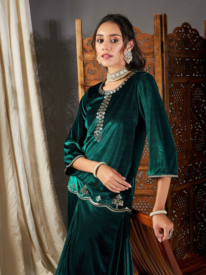 Green Velvet Embroidered Short Kurta