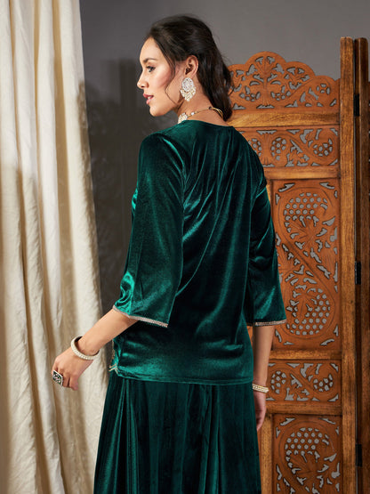 Green Velvet Embroidered Short Kurta