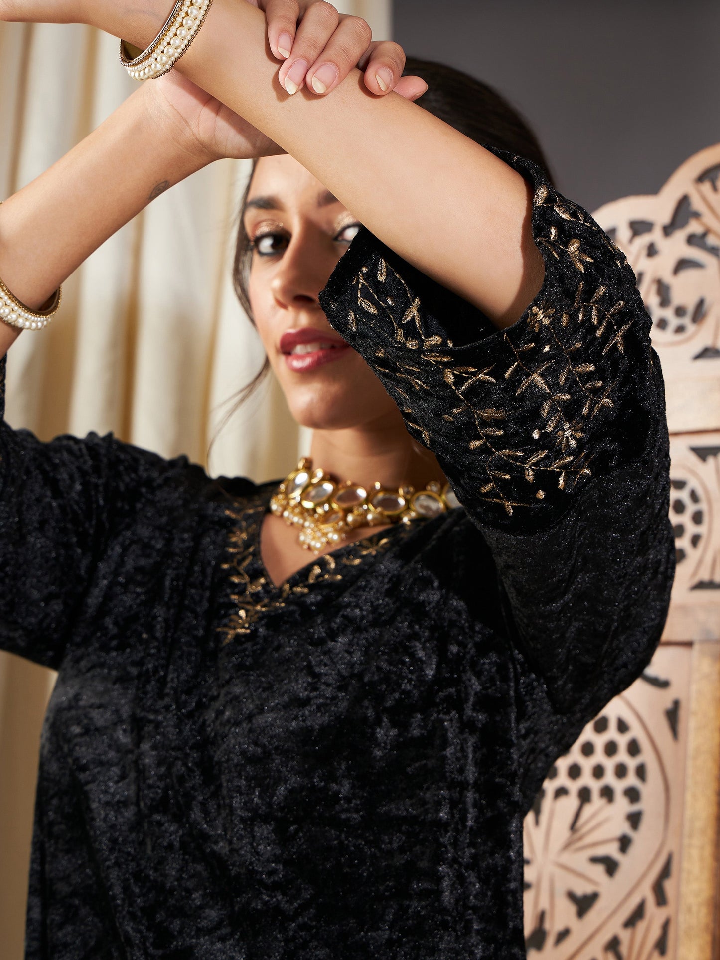 Black Velvet Sleeve Embroidered Straight Kurta-Shae by SASSAFRAS