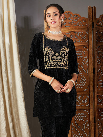 Black Velvet Embroidered Yoke Short Kurta-Shae by SASSAFRAS