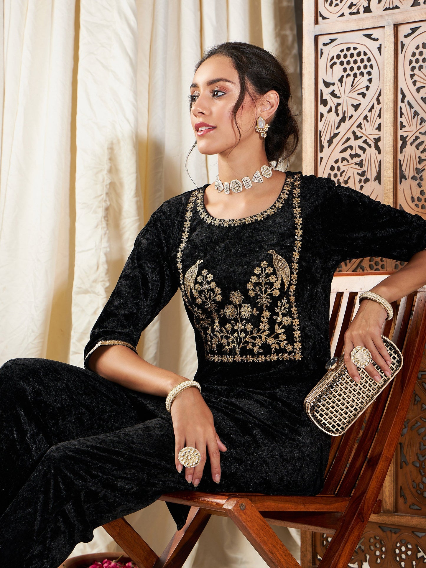 Black Velvet Embroidered Yoke Short Kurta-Shae by SASSAFRAS