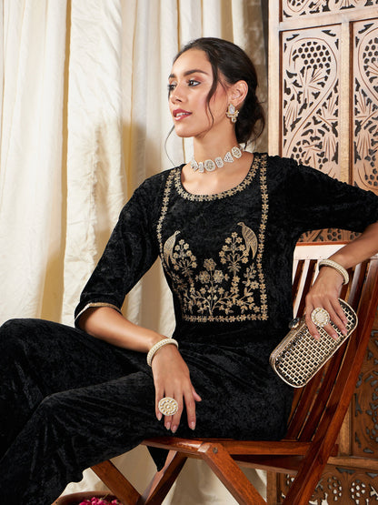Black Velvet Embroidered Yoke Short Kurta-Shae by SASSAFRAS