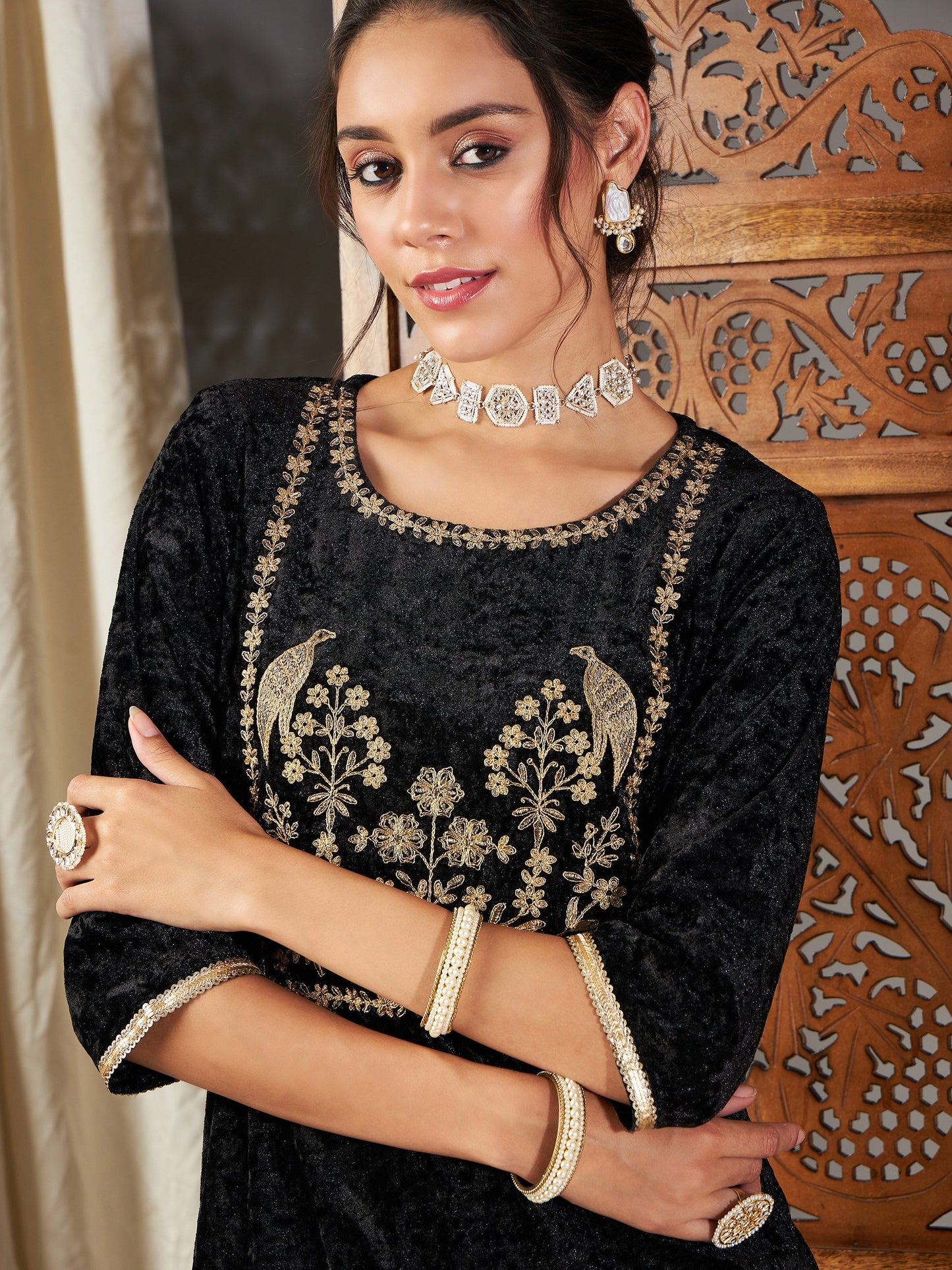Black Velvet Embroidered Yoke Short Kurta-Shae by SASSAFRAS