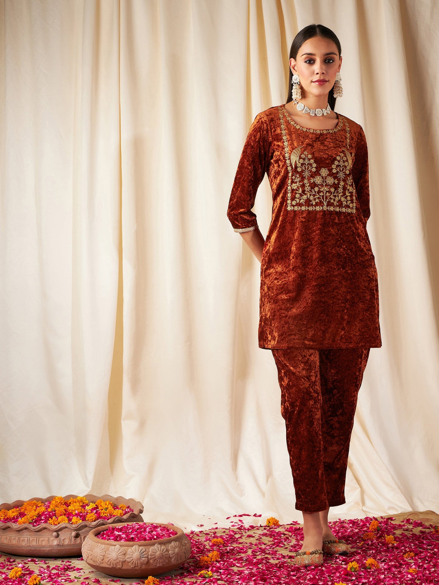 Rust Velvet Embroidered Yoke Short Kurta-Shae by SASSAFRAS
