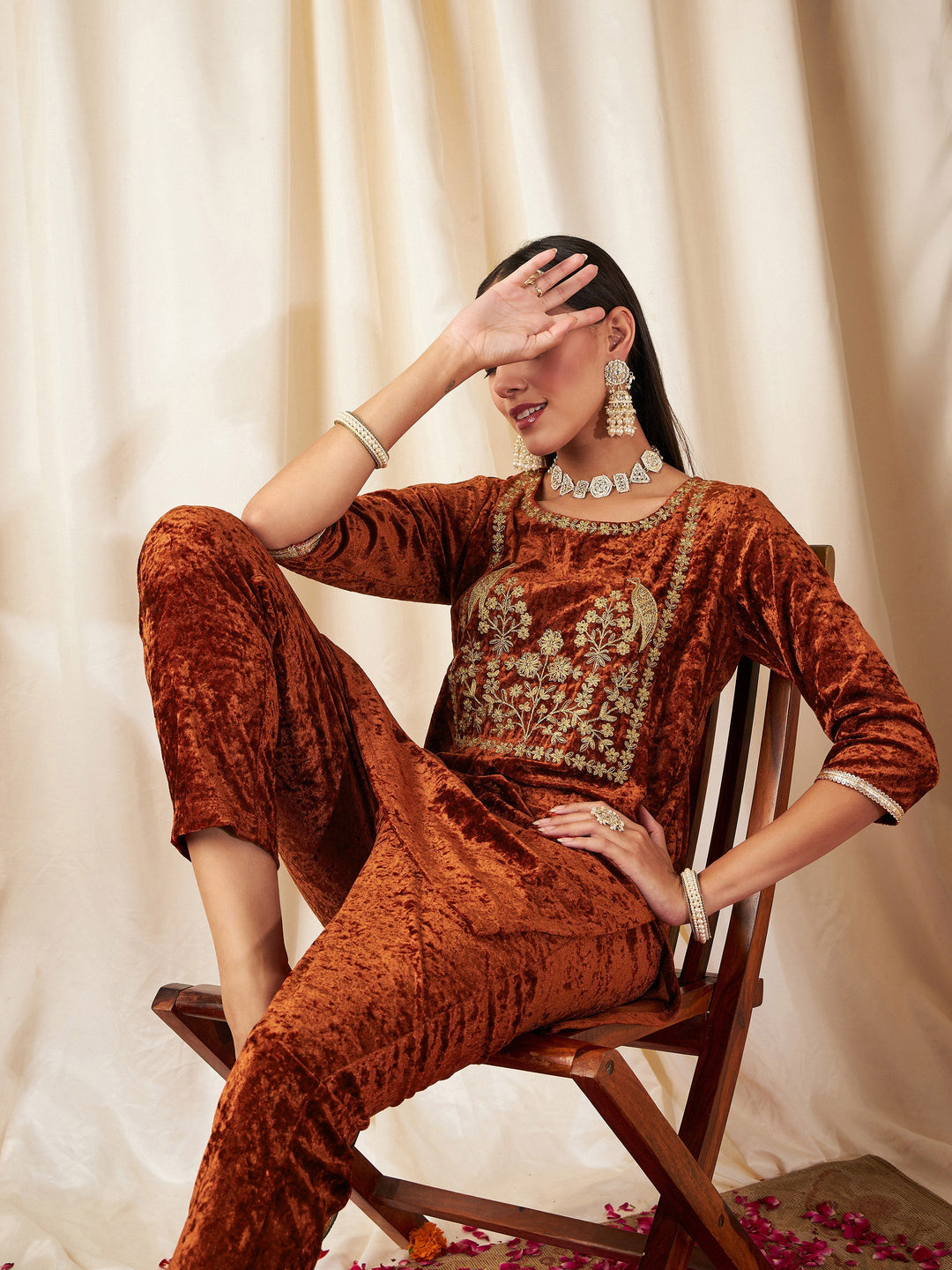 Rust Velvet Embroidered Yoke Short Kurta-Shae by SASSAFRAS