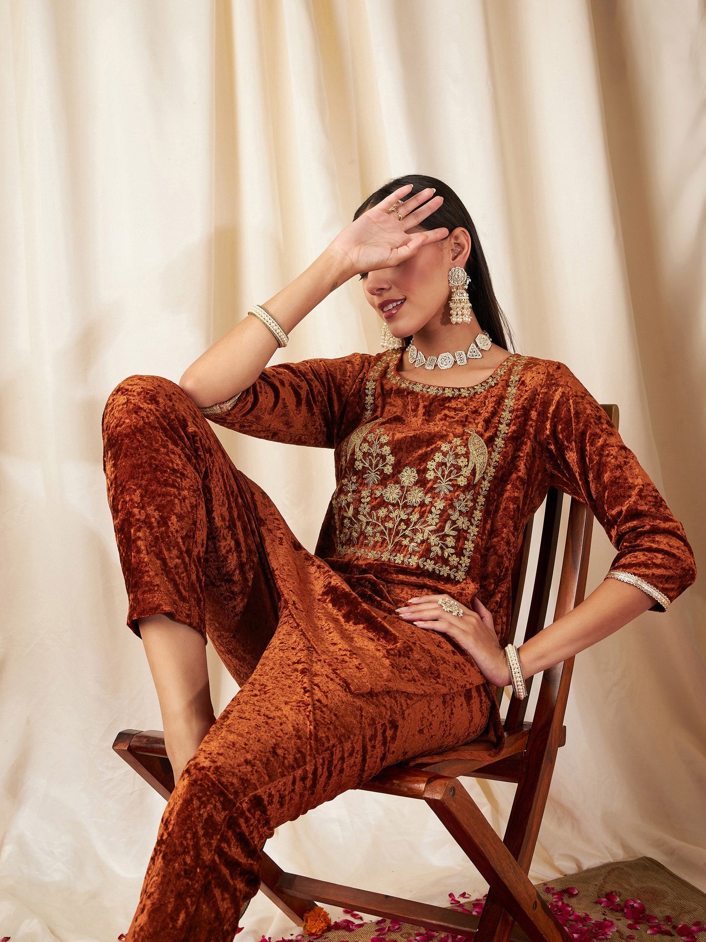 Rust Velvet Embroidered Yoke Short Kurta-Shae by SASSAFRAS