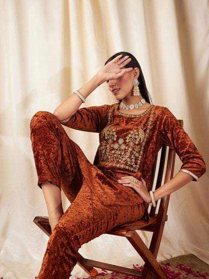 Rust Velvet Embroidered Yoke Short Kurta-Shae by SASSAFRAS