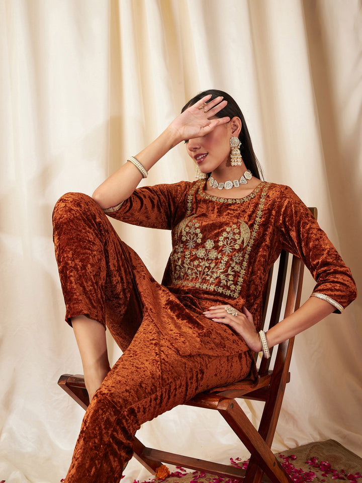 Rust Velvet Embroidered Yoke Short Kurta-Shae by SASSAFRAS