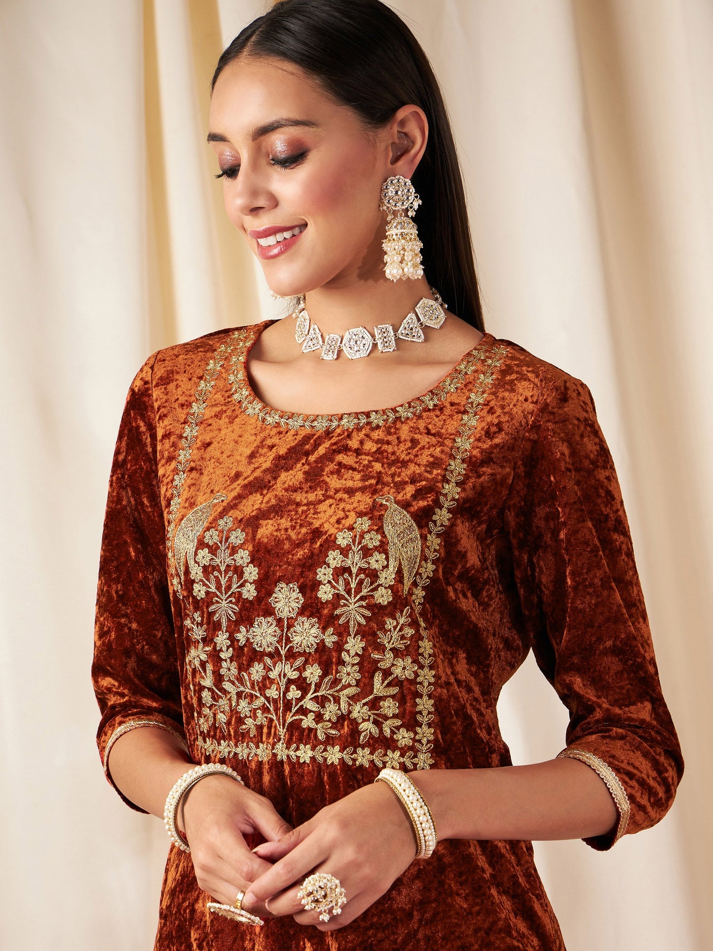 Rust Velvet Embroidered Yoke Short Kurta-Shae by SASSAFRAS