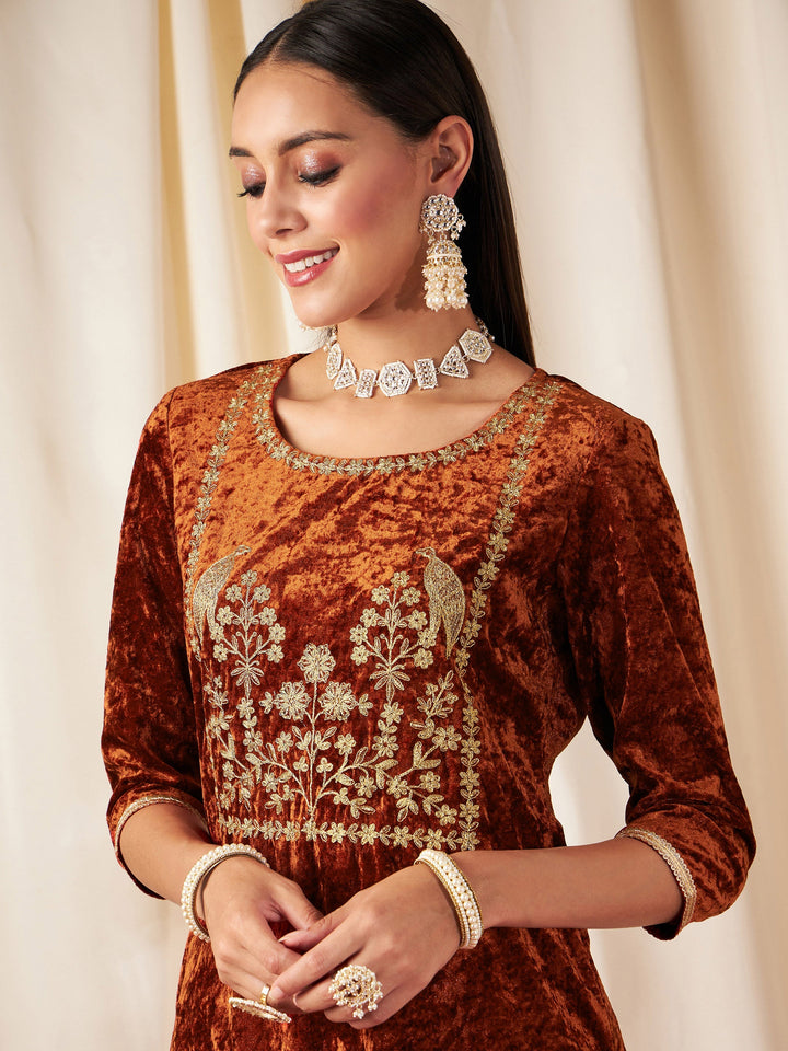 Rust Velvet Embroidered Yoke Short Kurta-Shae by SASSAFRAS