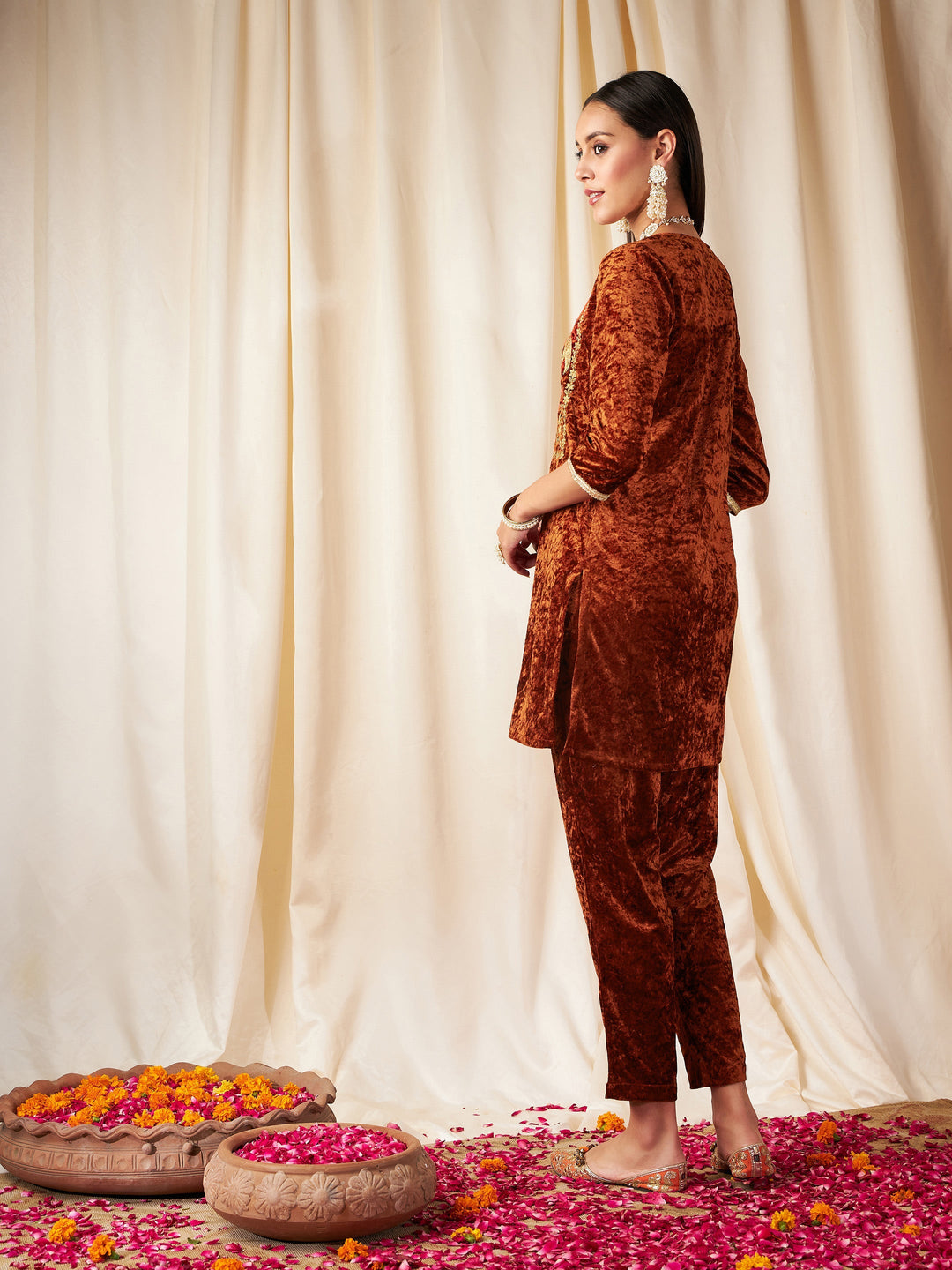 Rust Velvet Embroidered Yoke Short Kurta-Shae by SASSAFRAS