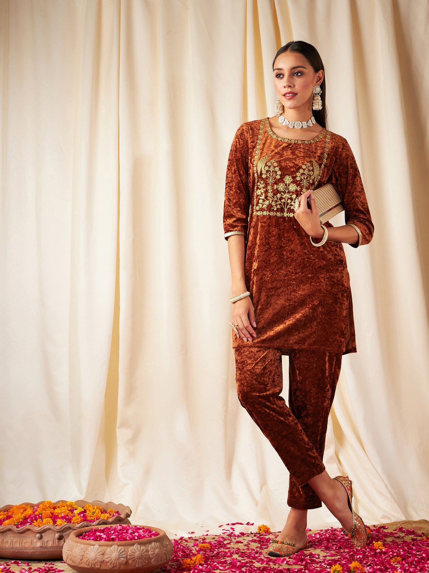 Rust Velvet Embroidered Yoke Short Kurta-Shae by SASSAFRAS