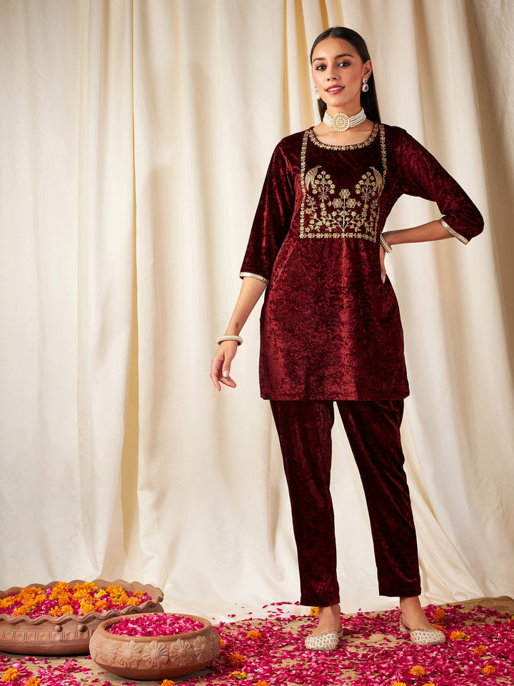 Maroon Velvet Embroidered Yoke Short Kurta