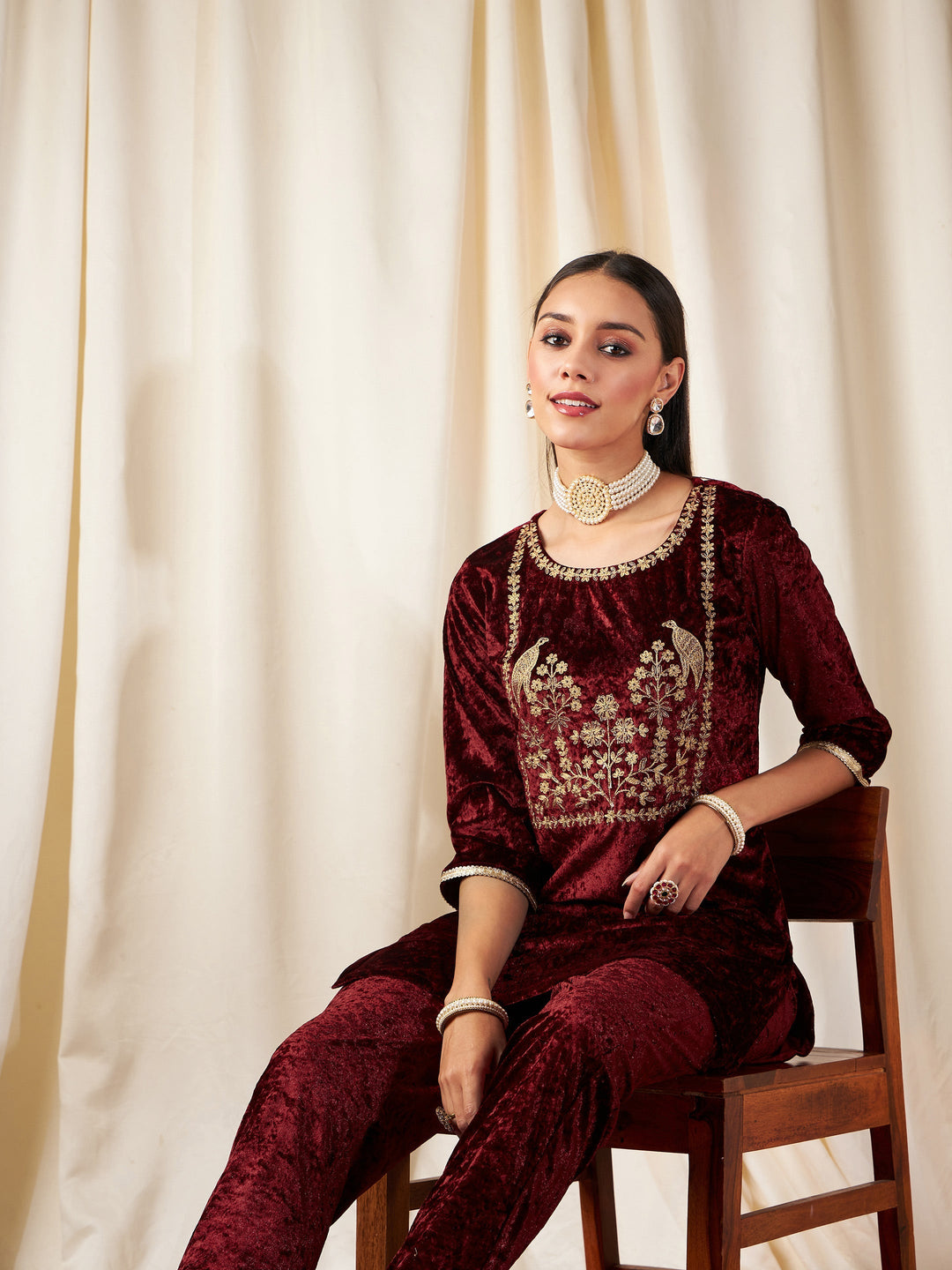 Maroon Velvet Embroidered Yoke Short Kurta