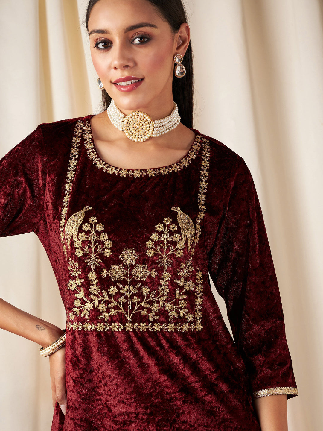 Maroon Velvet Embroidered Yoke Short Kurta