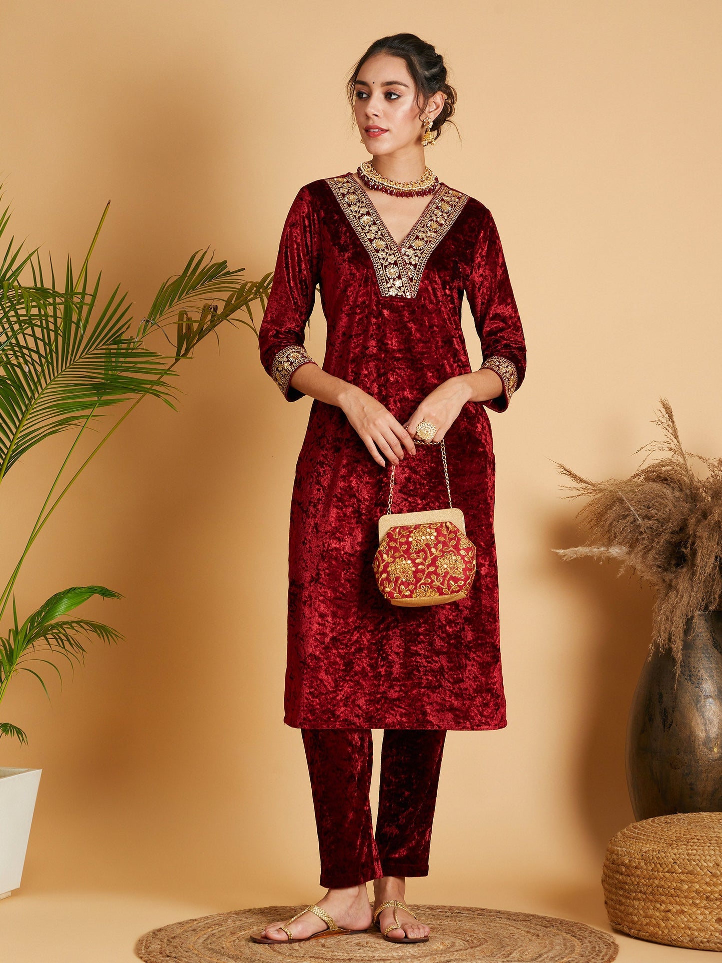 Maroon Velvet Straight Kurta-Shae by SASSAFRAS