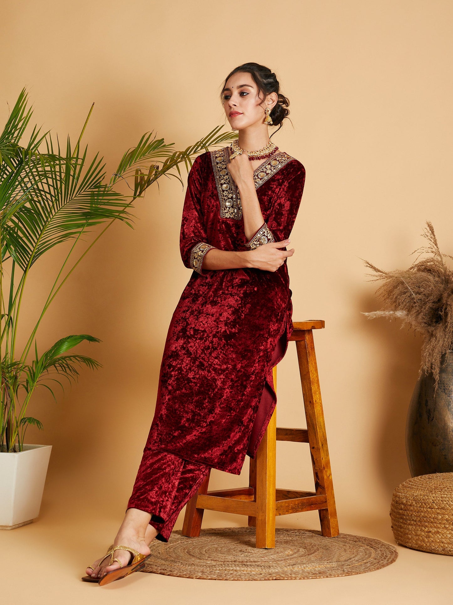 Maroon Velvet Straight Kurta-Shae by SASSAFRAS