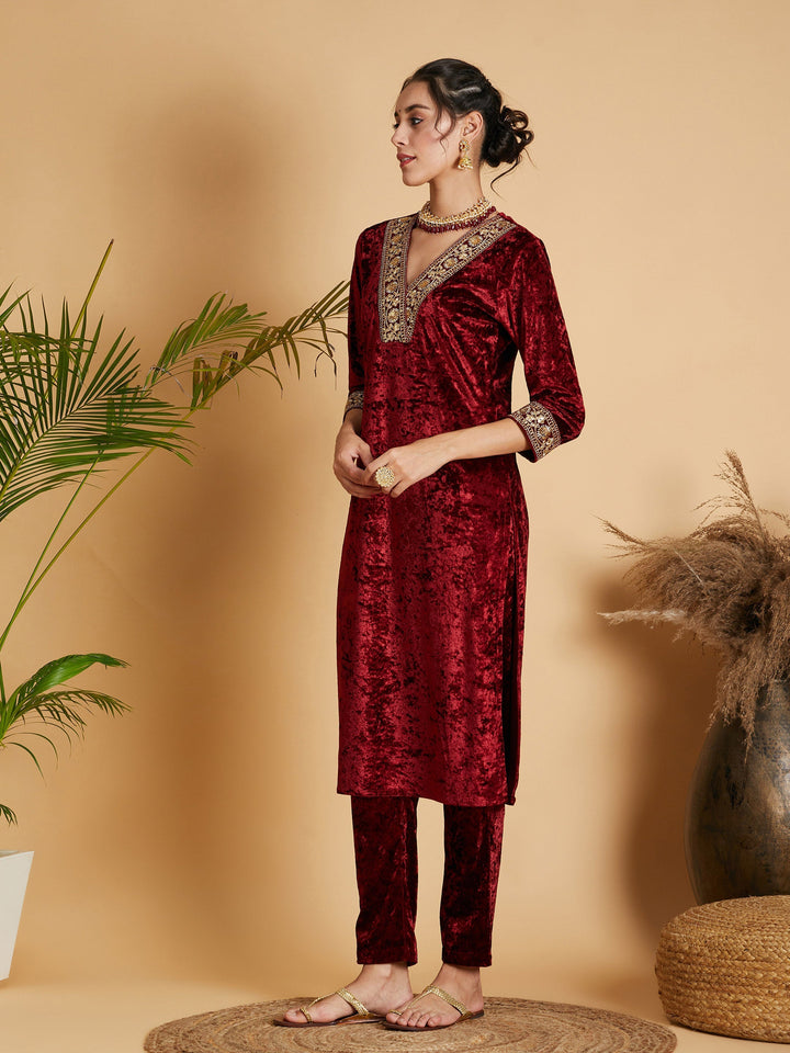 Maroon Velvet Straight Kurta-Shae by SASSAFRAS