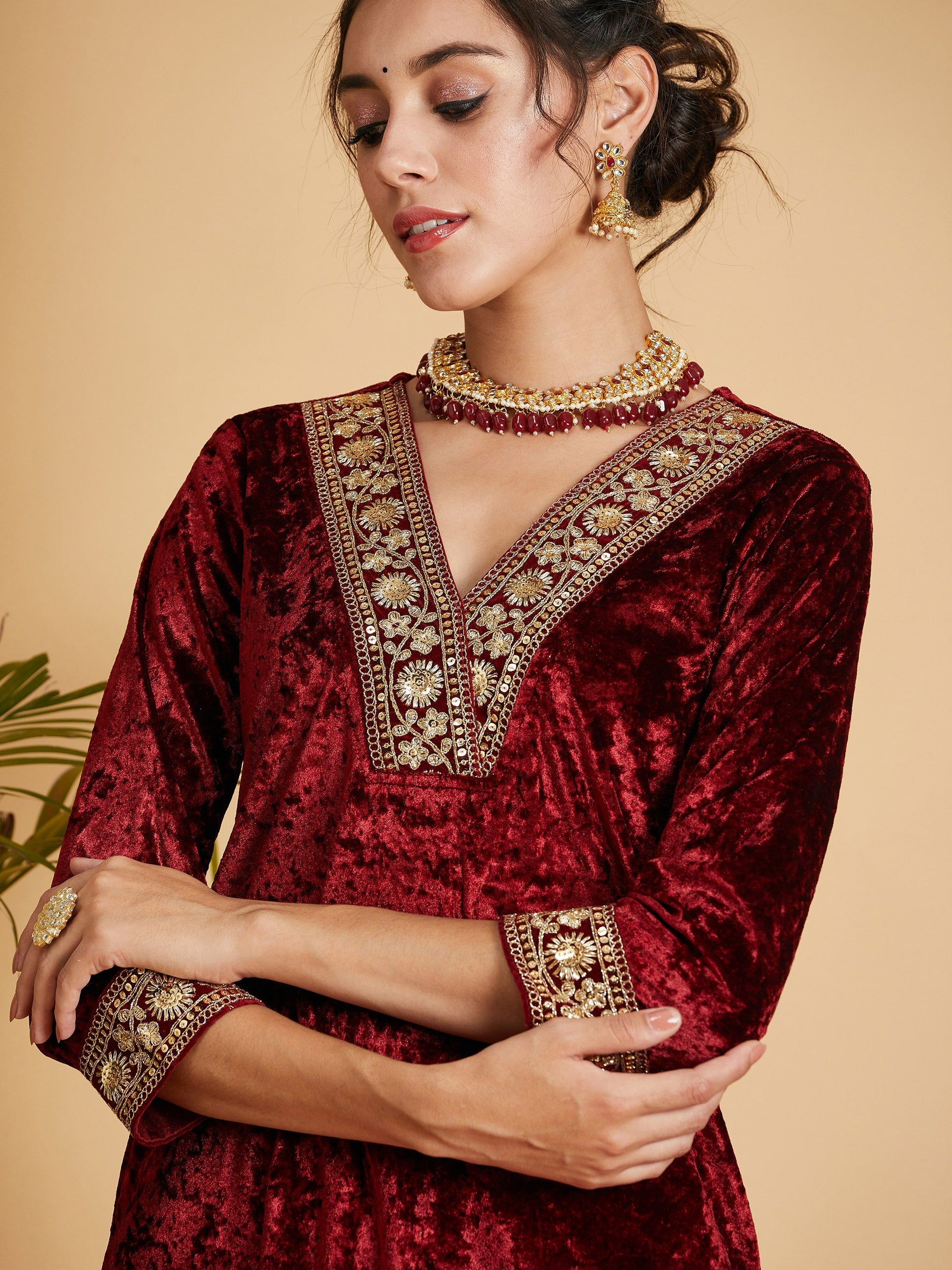 Maroon Velvet Straight Kurta-Shae by SASSAFRAS