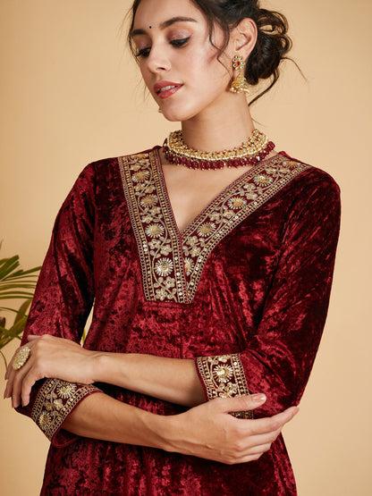 Maroon Velvet Straight Kurta-Shae by SASSAFRAS