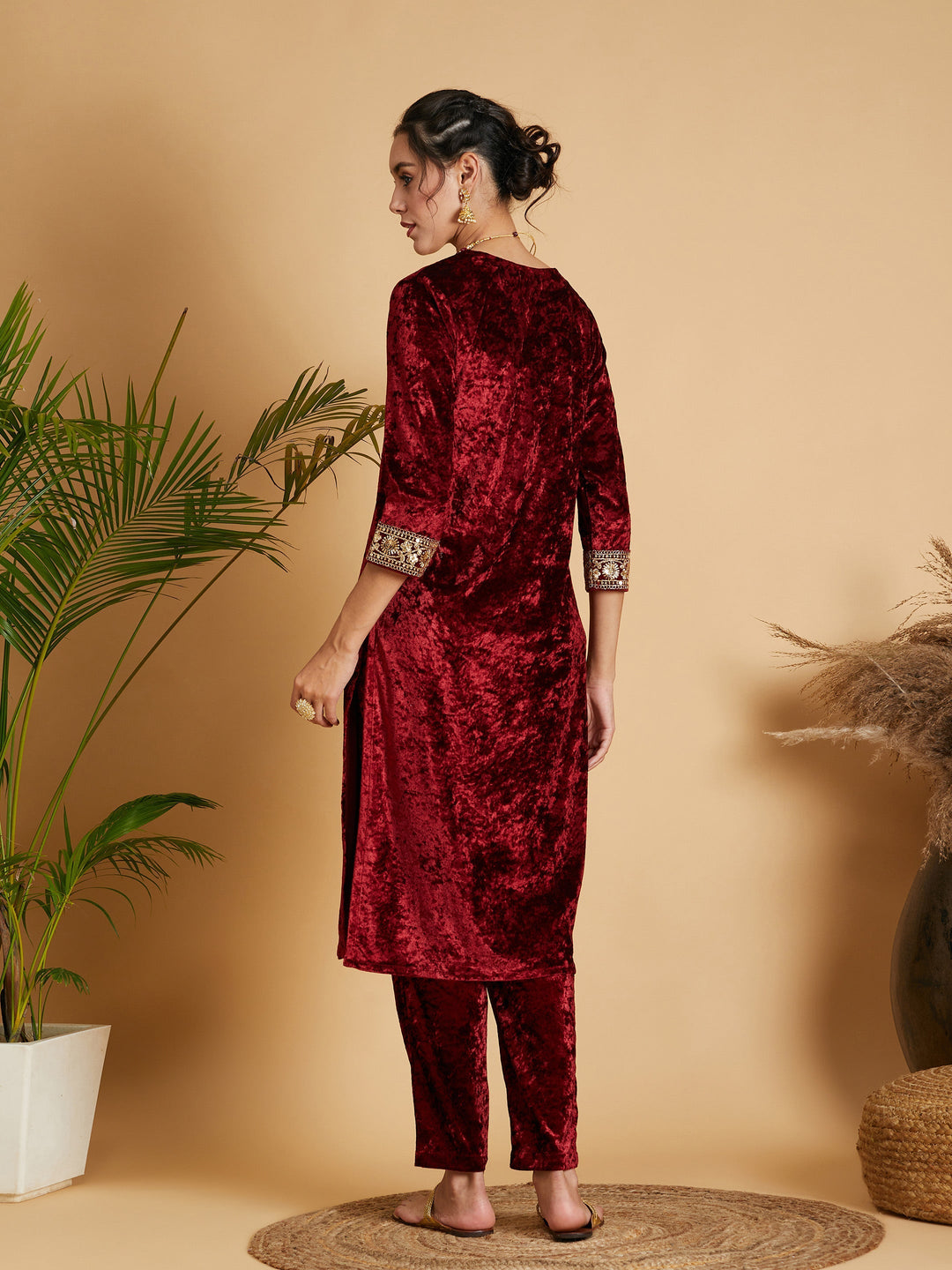 Maroon Velvet Straight Kurta-Shae by SASSAFRAS