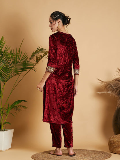 Maroon Velvet Straight Kurta-Shae by SASSAFRAS