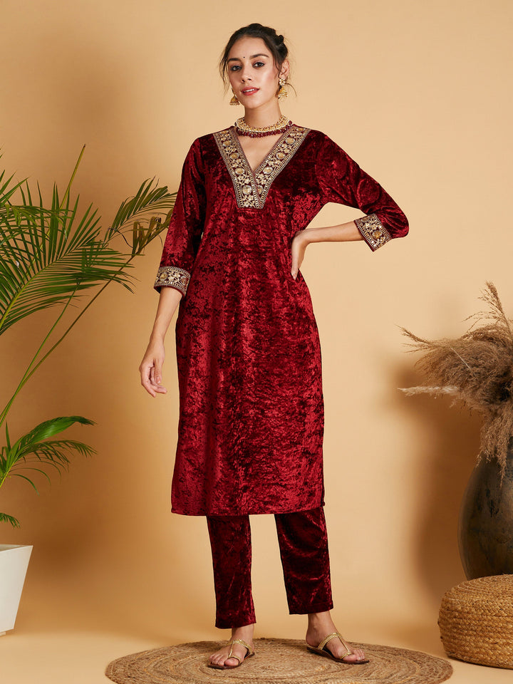 Maroon Velvet Straight Kurta-Shae by SASSAFRAS