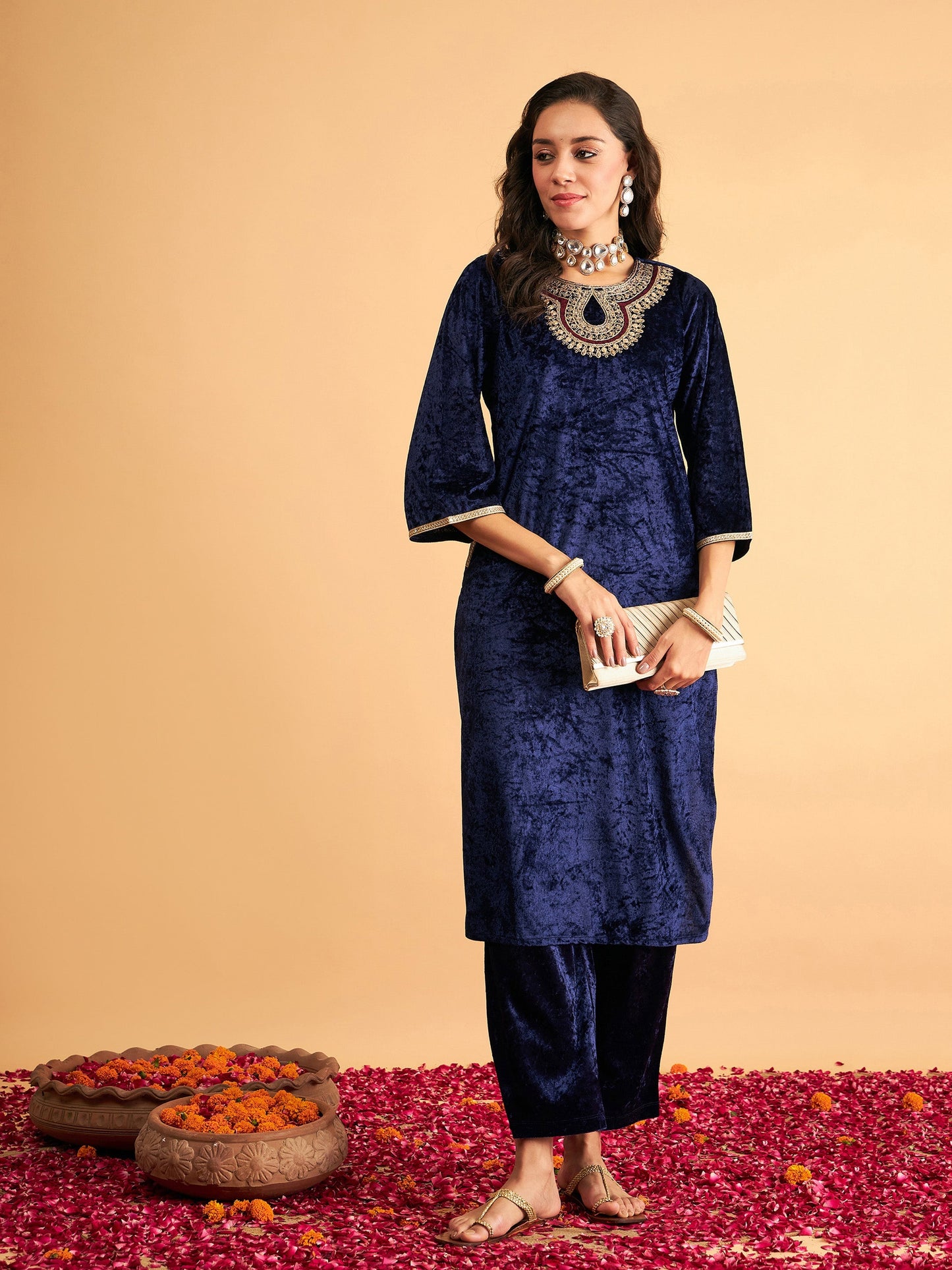 Women's Women Navy Blue Velvet Front Zari Embroidered Straight Kurta in Velvet by Shae for wholesale, bulk, supplier, manufacturer and wholesaler buyers from Trendphoria
