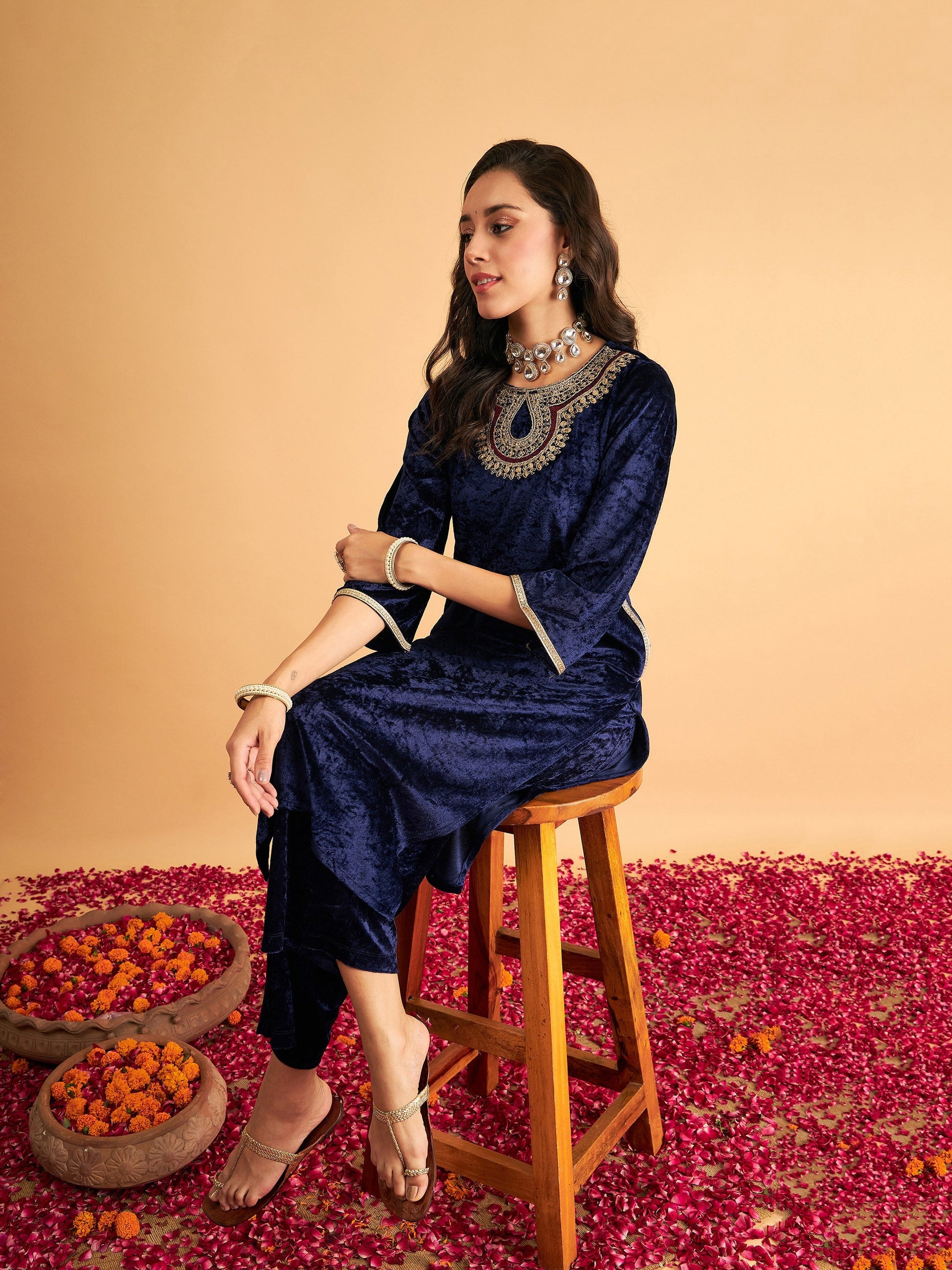 Navy Blue Velvet Front Zari Embroidered Straight Kurta-Shae by SASSAFRAS