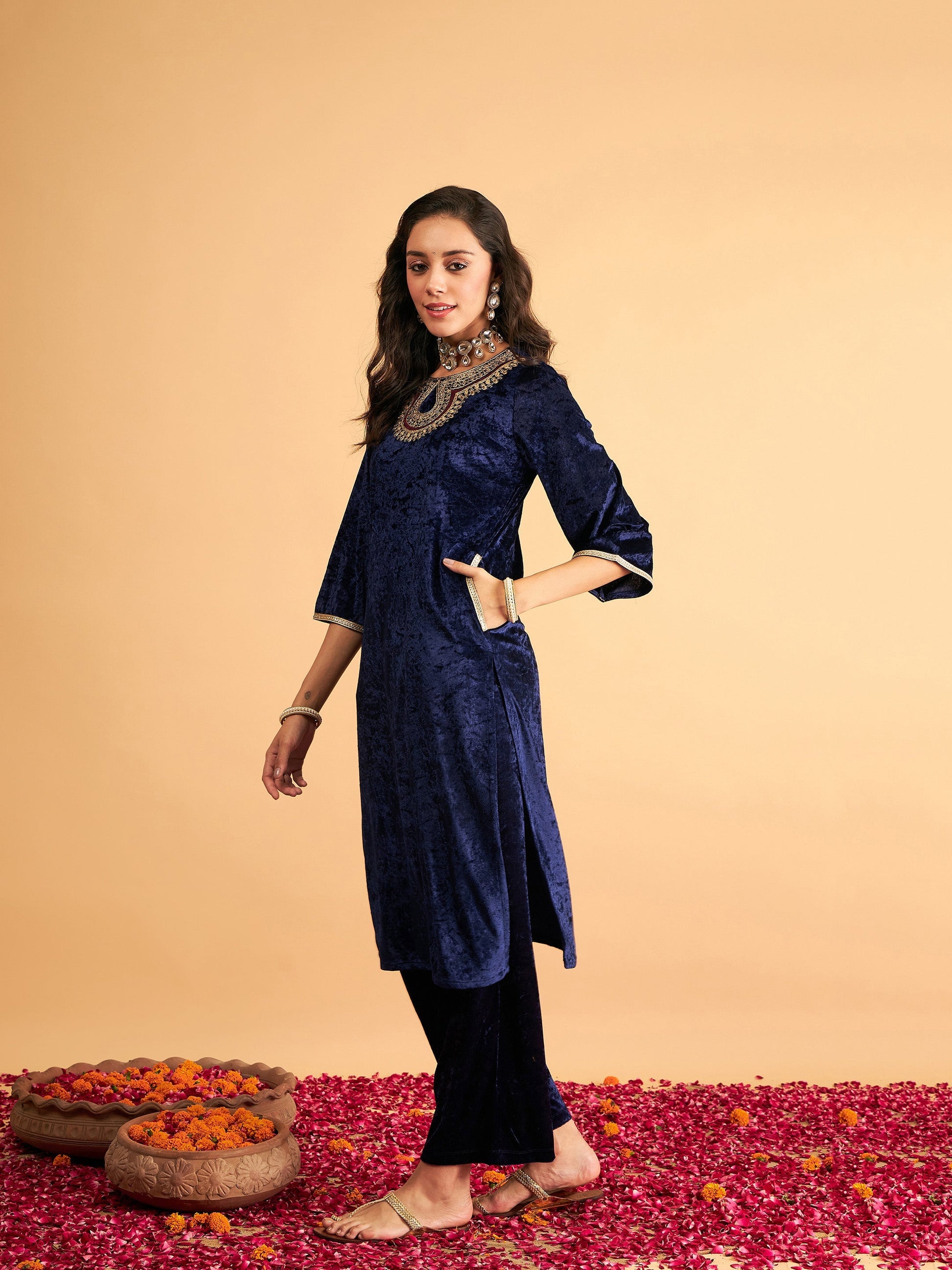 Navy Blue Velvet Front Zari Embroidered Straight Kurta-Shae by SASSAFRAS