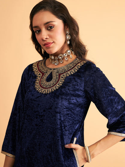 Navy Blue Velvet Front Zari Embroidered Straight Kurta-Shae by SASSAFRAS
