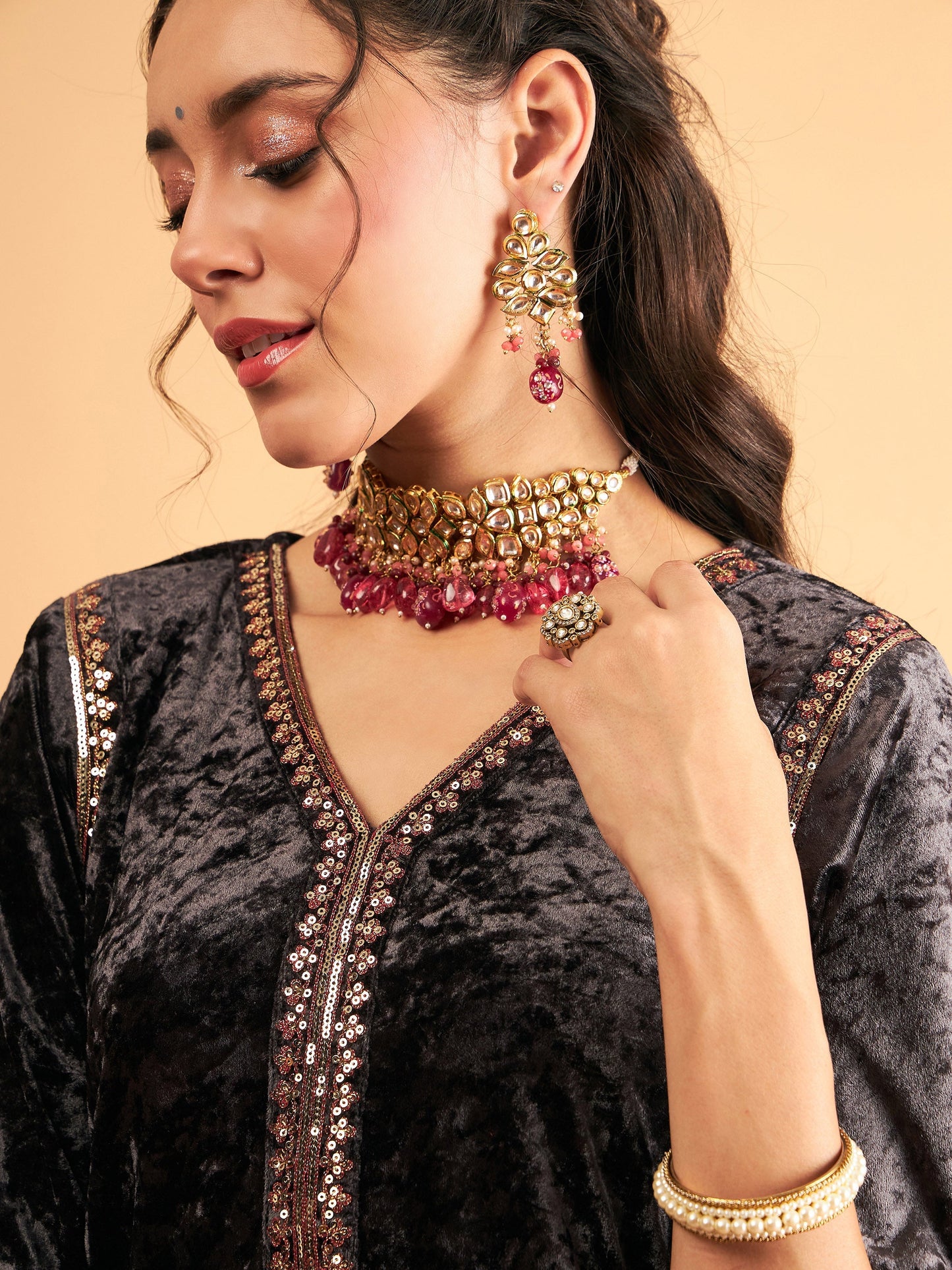 Grey Velvet Embroidered Straight Kurta
