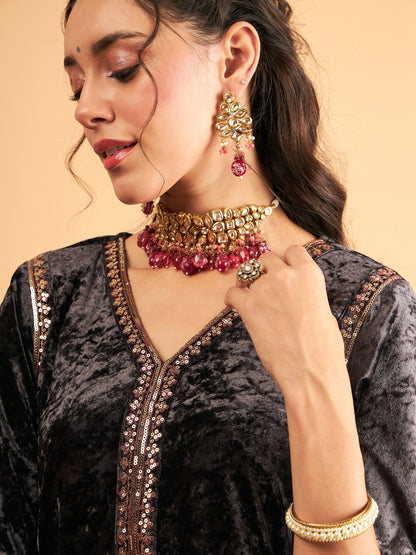 Grey Velvet Embroidered Straight Kurta