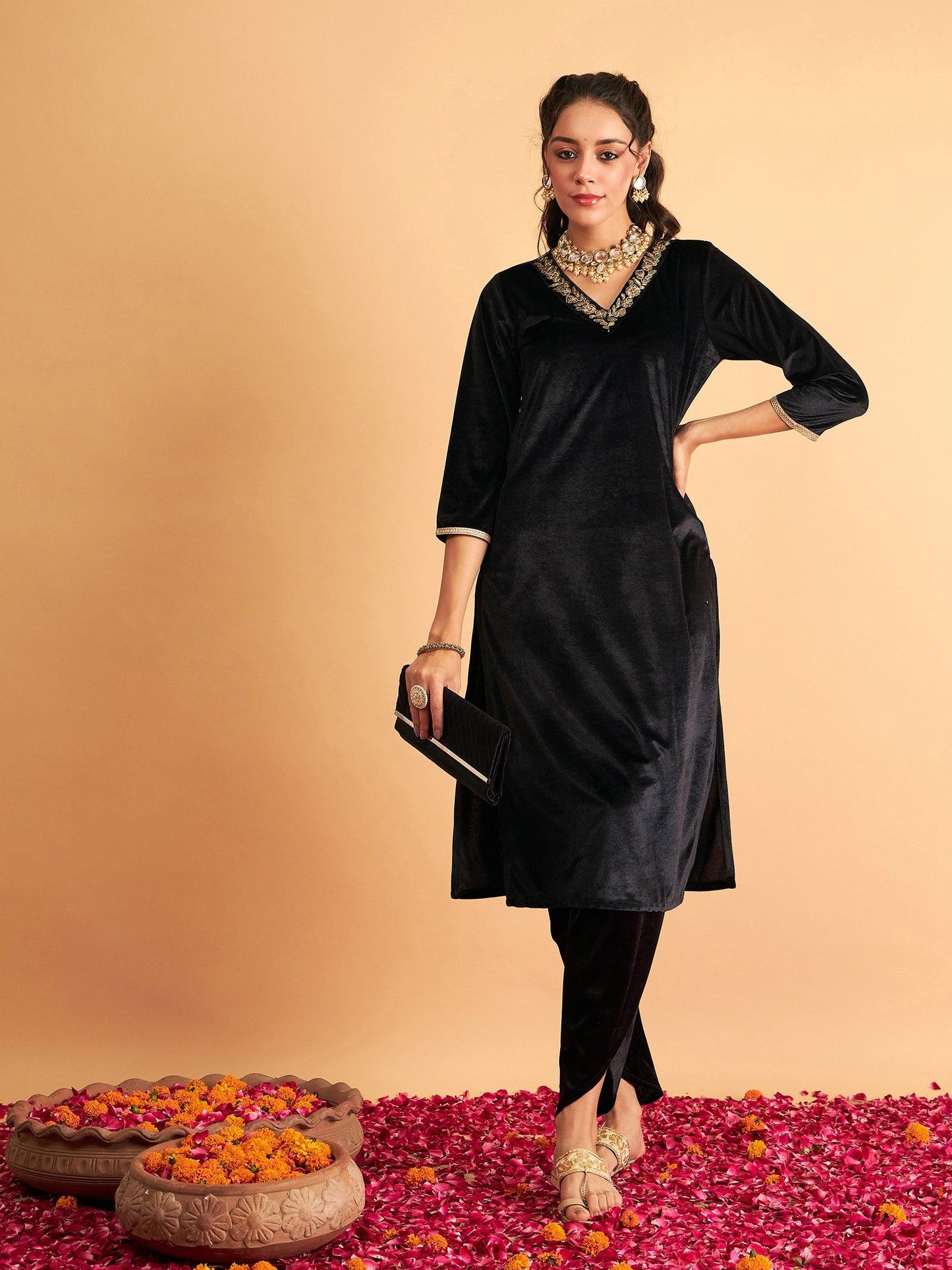 Black Velvet Zari Embroidered Pocket Straight Kurta-Shae by SASSAFRAS