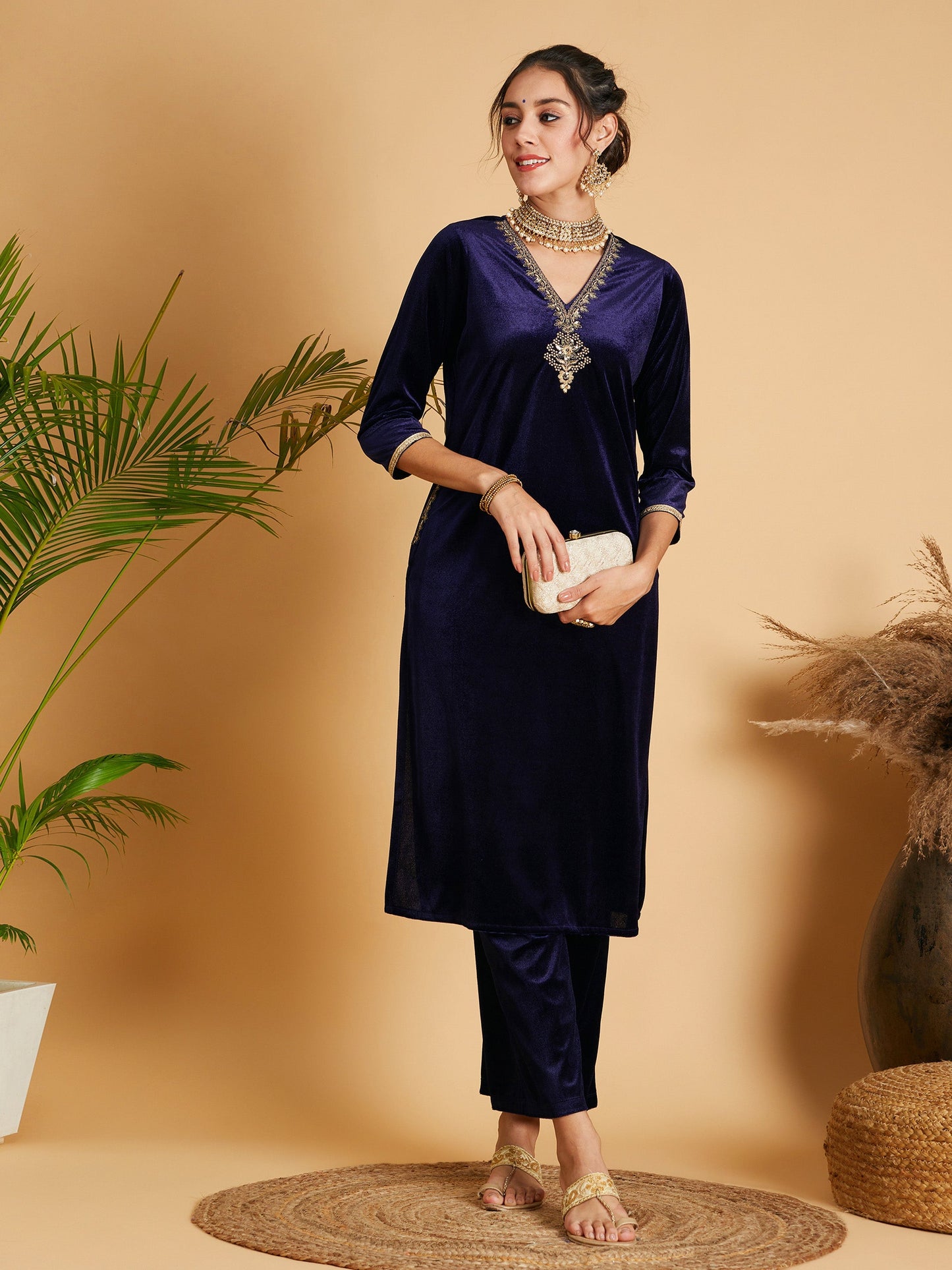 Navy Velvet Embroidered Pocket Straight Kurta-Shae by SASSAFRAS