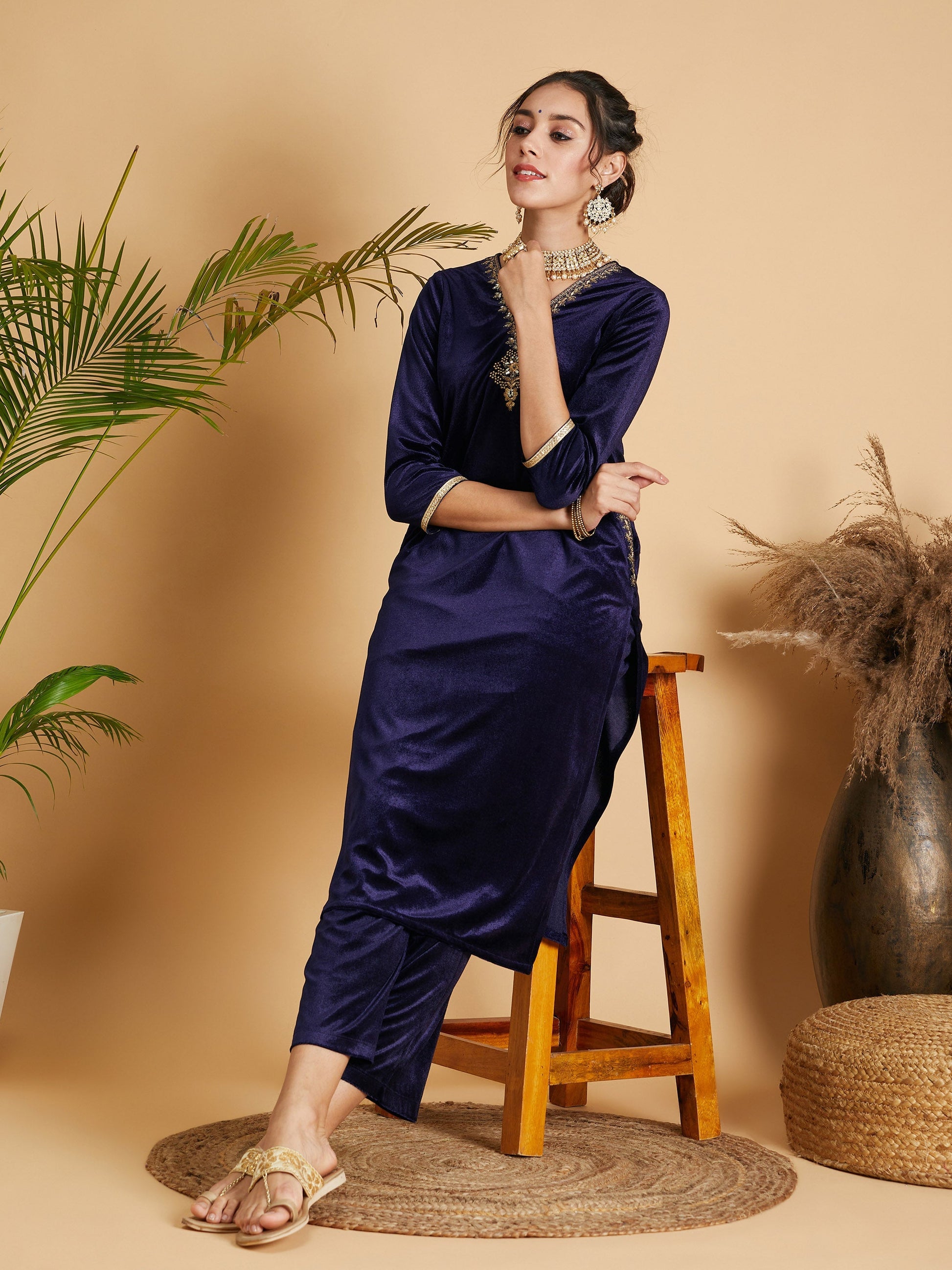 Navy Velvet Embroidered Pocket Straight Kurta-Shae by SASSAFRAS