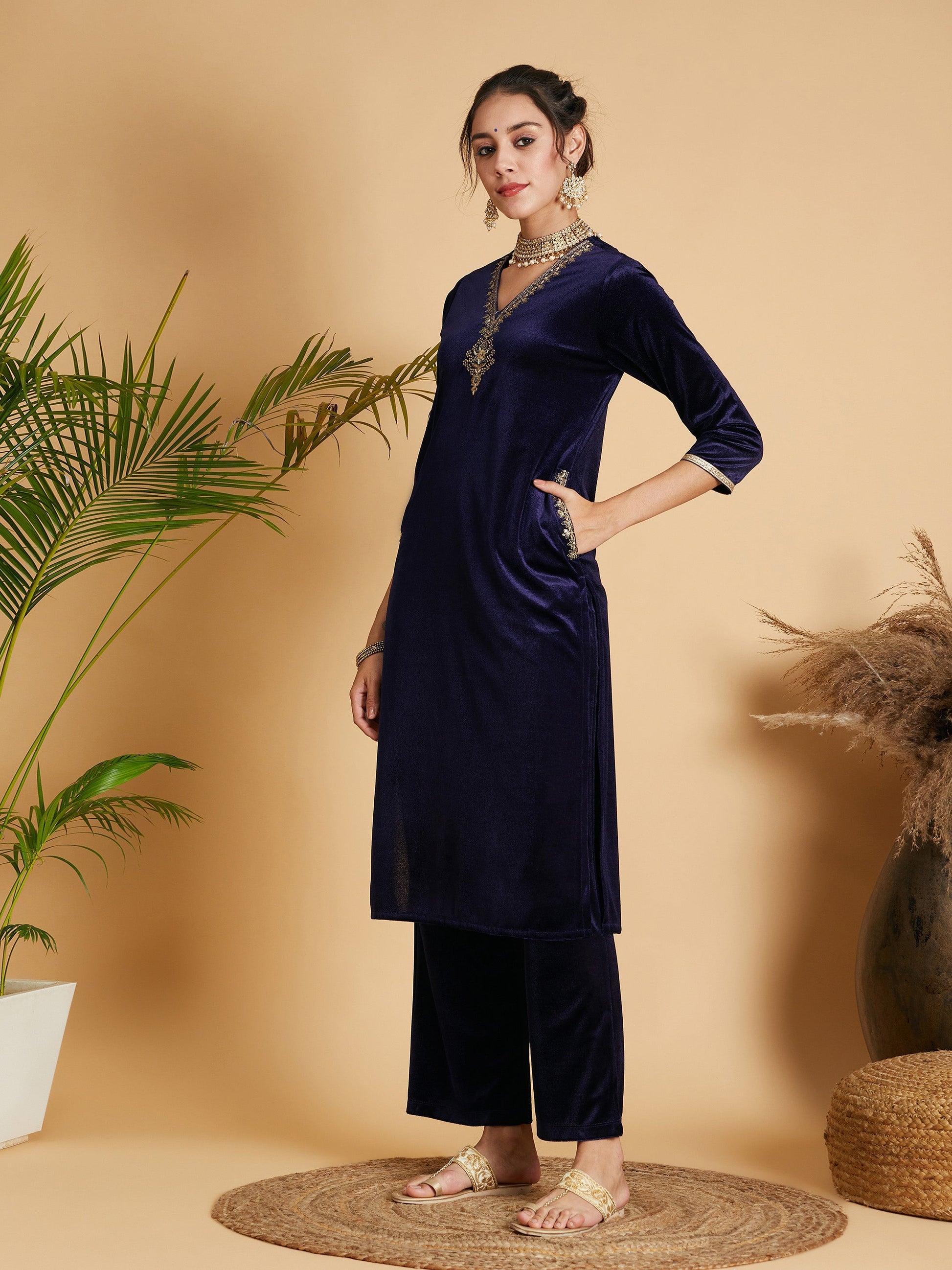Navy Velvet Embroidered Pocket Straight Kurta-Shae by SASSAFRAS