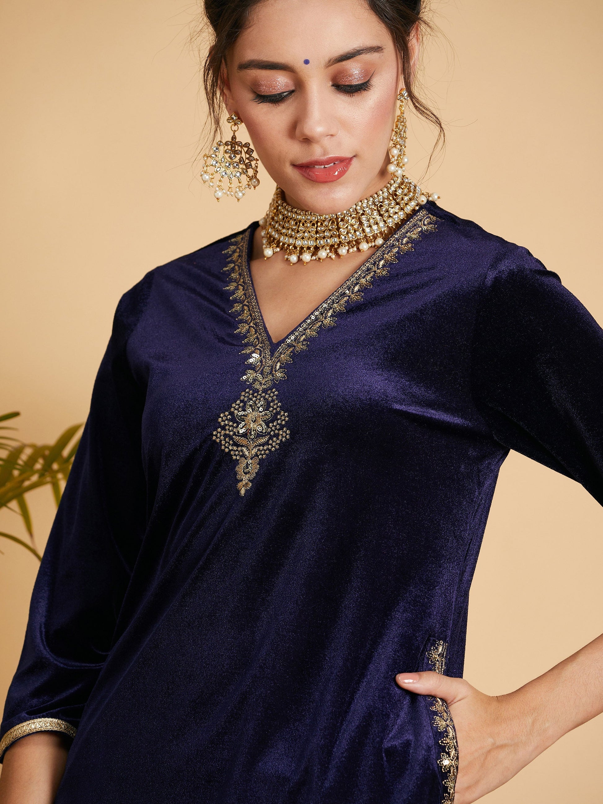 Navy Velvet Embroidered Pocket Straight Kurta-Shae by SASSAFRAS