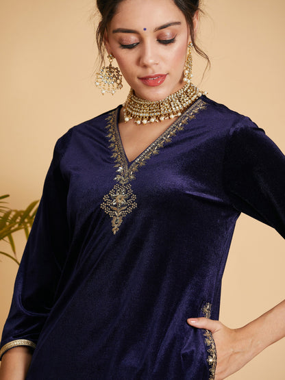 Navy Velvet Embroidered Pocket Straight Kurta-Shae by SASSAFRAS