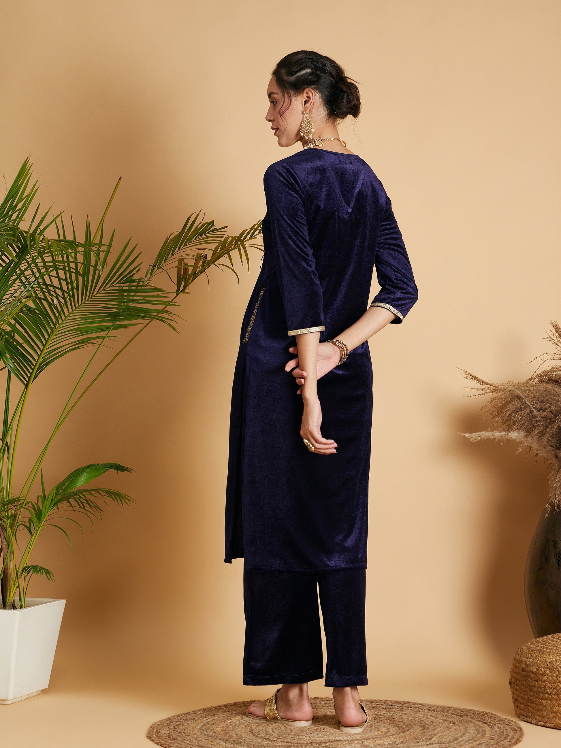 Navy Velvet Embroidered Pocket Straight Kurta-Shae by SASSAFRAS