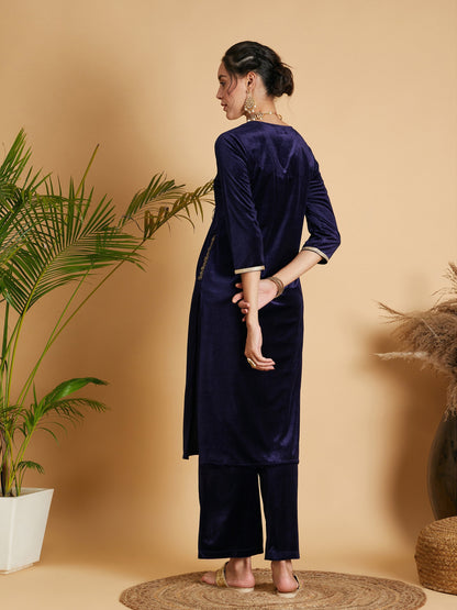 Navy Velvet Embroidered Pocket Straight Kurta-Shae by SASSAFRAS
