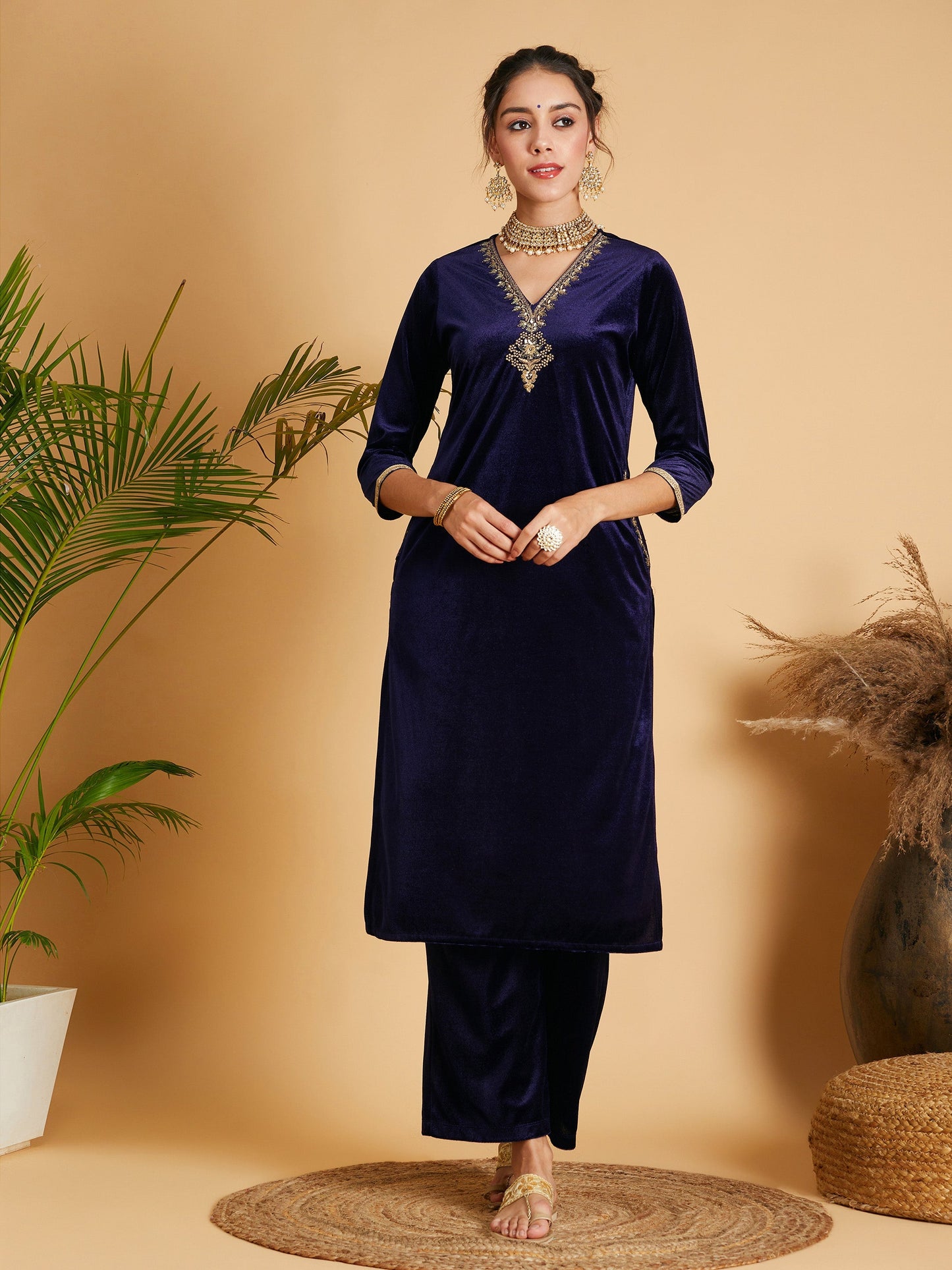 Navy Velvet Embroidered Pocket Straight Kurta-Shae by SASSAFRAS