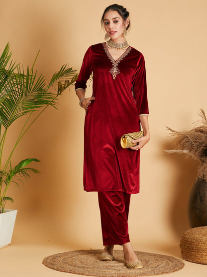 Maroon Velvet Embroidered Pocket Straight Kurta-Shae by SASSAFRAS